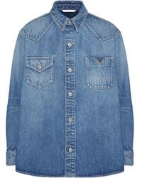 Valentino - Logo Plaque Straight Hem Denim Shirt - Lyst