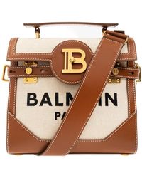 Balmain - Ecru Canvas B-Buzz 23 Bag With Leather Panels - Lyst