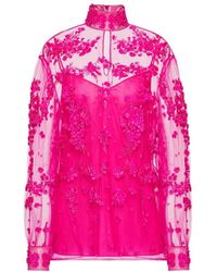 Valentino - Floral-Embroidered High Neck Blouse - Lyst