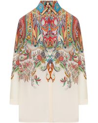 Etro - Long Silk Shirt With Placed Paisley Foliage Print - Lyst