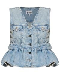 Ganni - Peplum Button-Front Denim Vest - Lyst