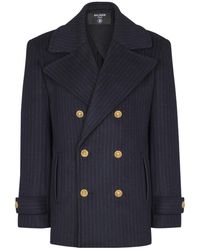 Balmain - Merino Wool-Blend Stripe Pea Coat - Lyst