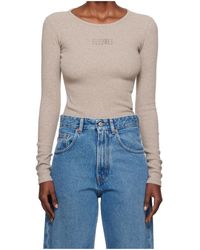 MM6 by Maison Martin Margiela - Taupe Wool-Blend Rib Jersey Long-Sleeved T-Shirt - Lyst