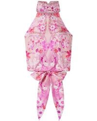 CAMILLA - Cropped Crystal-Embellished Printed Silk Halterneck Top - Lyst