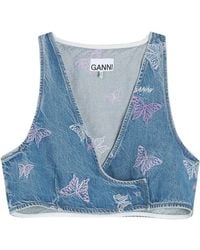 Ganni - Sleeveless Denim Cropped Top - Lyst