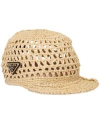 Prada - Triangle Logo Woven Raffia Hat - Lyst