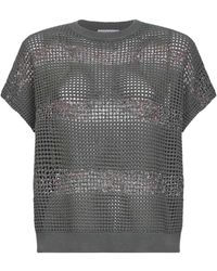 Brunello Cucinelli - Khaki Cotton Net Knit Sweater With Dazzling Stripes - Lyst