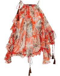 Etro - Off-The-Shoulder Asymmetrical Tassel Ruffle Print Shirt - Lyst