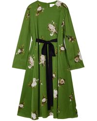Erdem - Bow-Detailed Floral-Print Plissé-Satin Midi Dress - Lyst