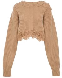 Chloé - Chloé Cropped Lace-Hem Knitted Sweater - Lyst