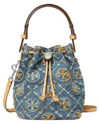 Tory Burch - T Monogram Mini Denim Bucket Bag - Lyst