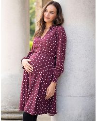 Seraphine Maternity To Nursing Shirt Dress – Burgundy Polka Dot - Purple