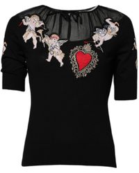 Dolce & Gabbana - Black Sacred Heart Embroidered Crewneck Top - Lyst