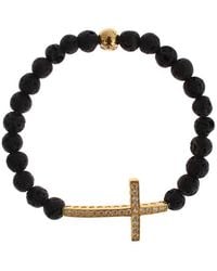 Nialaya - Lava Stone Gold Clear Cz Cross 925 Silver Bracelet - Lyst