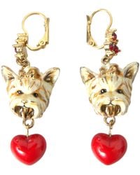 Dolce & Gabbana - Brass Heart Dog Crystal Dangling Earrings - Lyst