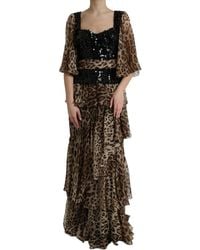 Dolce & Gabbana - Brown Leopard Sequined Tiered Long Gown Dress - Lyst