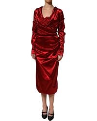 Dolce & Gabbana - Silk Satin Draped Midi Floral Applique Dress Elastane - Lyst