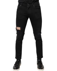 Dolce & Gabbana - Cotton Tattered Skinny Denim Logo Jeans - Lyst