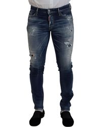 DSquared² - Blue Washed Cotton Tattered Skinny Denim Jeans - Lyst