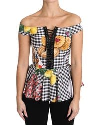 Dolce & Gabbana - Dolce Gabbana Black White Corset Blouse Sicily Lemon Check Top - Lyst