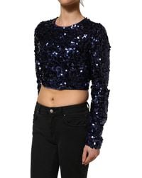 Dolce & Gabbana - Blue Sequined Long Sleeves Crop Blouse Top - Lyst