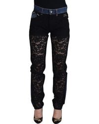 Dolce & Gabbana - Black Floral Lace Front Skinny Denim Jeans - Lyst