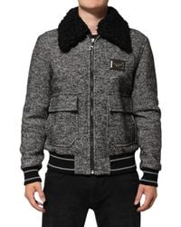 Dolce & Gabbana - Gray Wool Herringbone Shearling Collar Bomber Jacket - Lyst