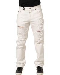 Dolce & Gabbana - White Cotton Distressed Straight Denim Jeans - Lyst