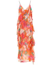 MSGM - Maxi Frilled Dress With Tropical Motif - Lyst
