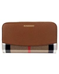 Burberry - Elmore Tan Grainy Leather House Check Canvas Continental Clutch Wallet - Lyst