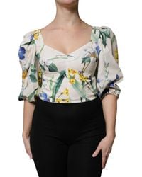 Dolce & Gabbana - White Floral Puff Sleeves Crop Blouse Top - Lyst