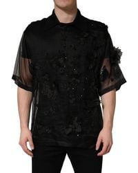 Dolce & Gabbana - Black Floral Applique Sheer Short Sleeve Shirt - Lyst