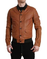 Dolce & Gabbana - Elegant Leather Perforated Bomber Jacket - Lyst