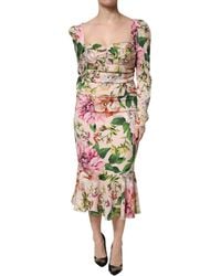 Dolce & Gabbana - Pink Floral Silk Fit And Flared Midi Dress - Lyst