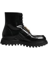 Dolce & Gabbana - Leather Dg Plaque Lace Up Boots Shoes - Lyst