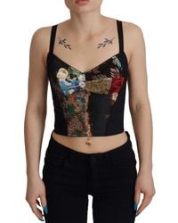 Dolce & Gabbana - Black Patchwork Sicily Blouse Corset Cropped Top - Lyst