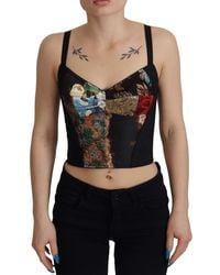 Dolce & Gabbana - Black Patchwork Sicily Blouse Corset Cropped Top - Lyst