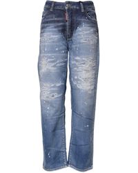 DSquared² - Blue Tattered Cotton Mid Waist Straight Denim Jeans - Lyst