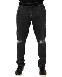 Dolce & Gabbana - Black Cotton Slim Fit Distressed Ripped Logo Jeans - Lyst