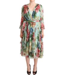 Dolce & Gabbana - Green Floral Silk Wrap Midi Dress - Lyst