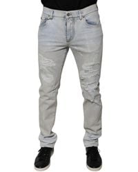 Dolce & Gabbana - Cotton Blend Tattered Skinny Denim Jeans - Lyst