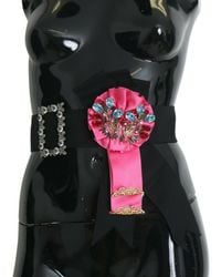 Dolce & Gabbana - Black Pink Flower Brooch Crystals Cotton Belt - Lyst