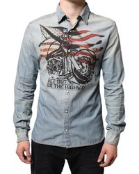John Galliano - Light Blue Printed Cotton Denim Long Sleeves Shirt - Lyst