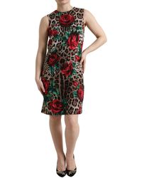 Dolce & Gabbana - Brown Leopard Red Roses Wool A-line Dress - Lyst