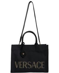 Versace - Black Top Handle Canvas Leather Logo Crossbody Tote Bag - Lyst