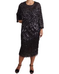 Dolce & Gabbana - Dolce Gabbana Black Sequined Long Sleeve Shift Midi Dress - Lyst