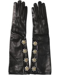 Dolce & Gabbana - Black Leather Embellished Long Mitten Gloves - Lyst