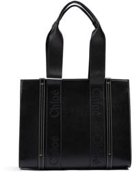 Chloé - Black Woody Embroidered Logo Leather Medium Tote Bag - Lyst