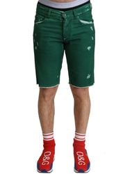 Dolce & Gabbana - Green Tattered Cotton Denim Bermuda Shorts - Lyst