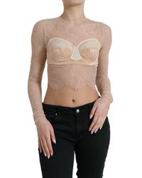 Dolce & Gabbana - Beige Nylon Floral Lace Bustier Cropped Top - Lyst